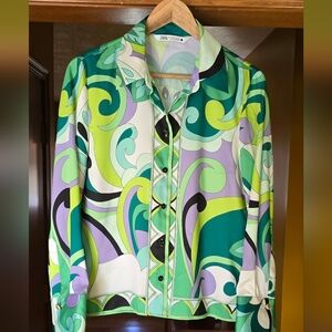 Zara Mod Retro Printed Silky Blouse Green Long Sleeve Small S Bloggers Favorite
